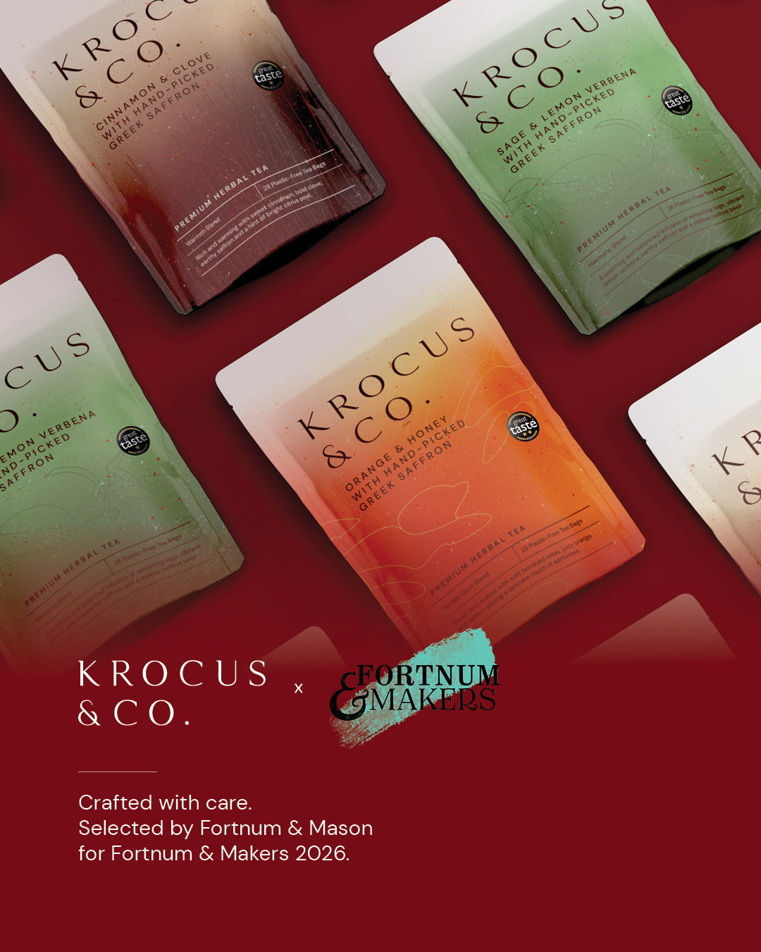 Flat lay of Krocus & Co. saffron herbal infusion pouches on a burgundy background, selected for Fortnum & Makers 2026.