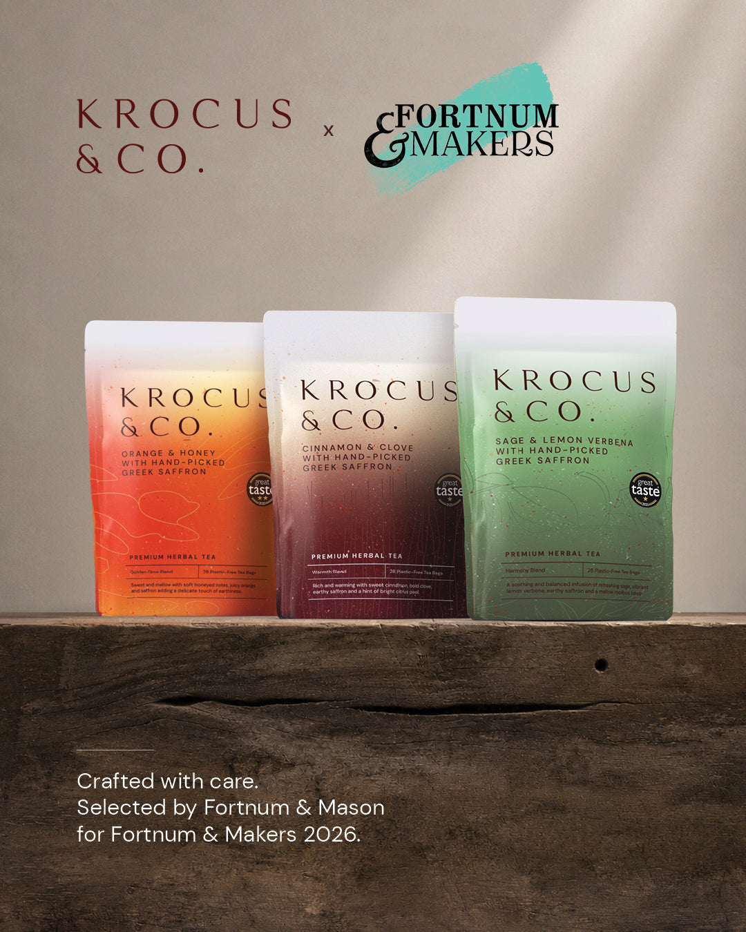 Krocus & Co. Orange & Honey, Cinnamon & Clove and Sage & Lemon Verbena pouches on a wooden shelf, selected by Fortnum & Mason for Fortnum & Makers 2026.