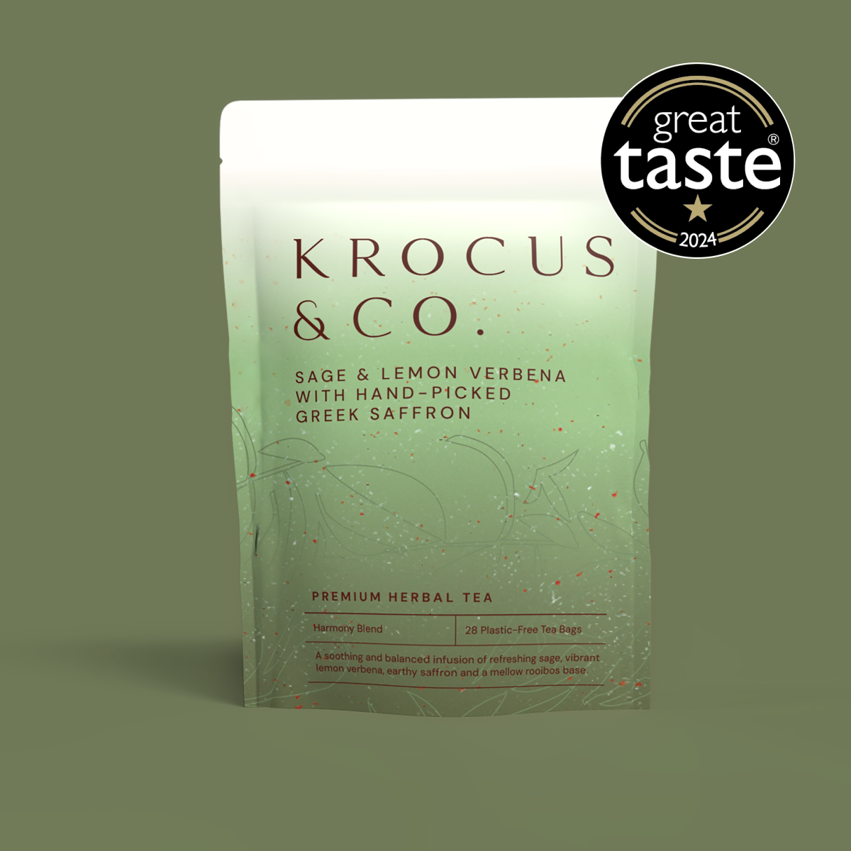 Krocus & Co. Harmony Sage & Lemon Verbena herbal infusion with hand-picked Greek saffron, 28 plastic-free tea bags, Great Taste 2024 one-star award.