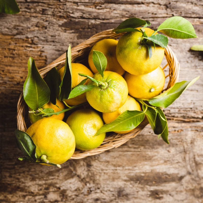 Basket of whole bergamot citrus fruit, the flavour behind Krocus & Co. Earl Grey