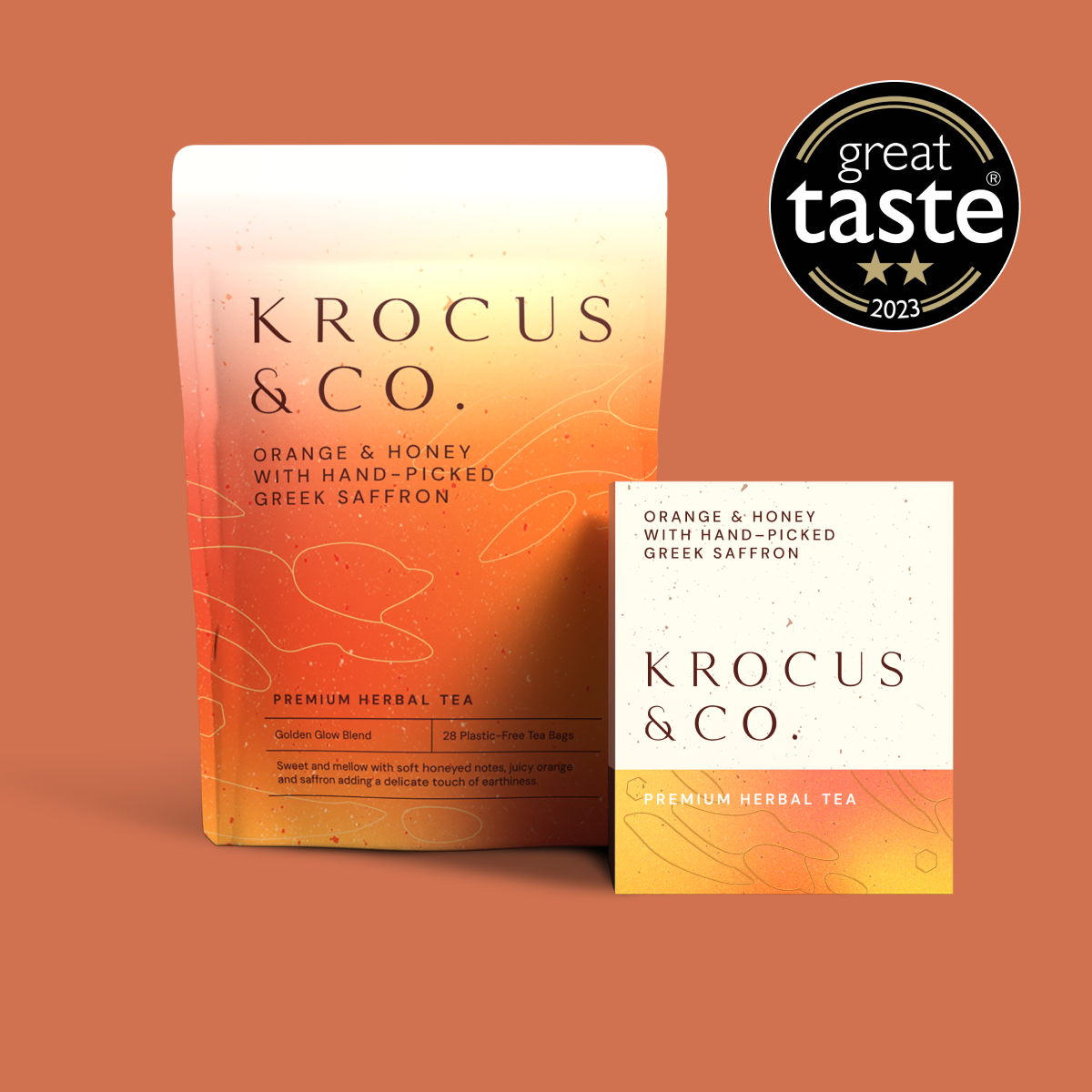 Krocus & Co. Orange & Honey with Greek Saffron herbal tea pouch and box with Great Taste award