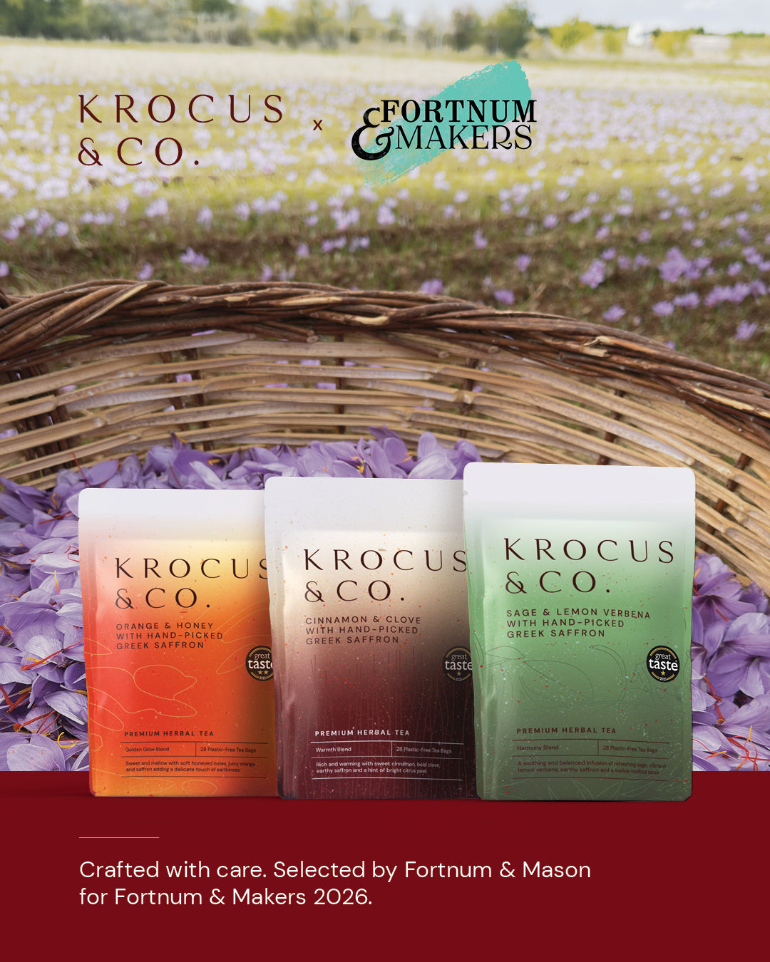 Krocus & Co. saffron herbal infusion pouches in a basket of freshly picked saffron crocus flowers, selected for Fortnum & Makers 2026.