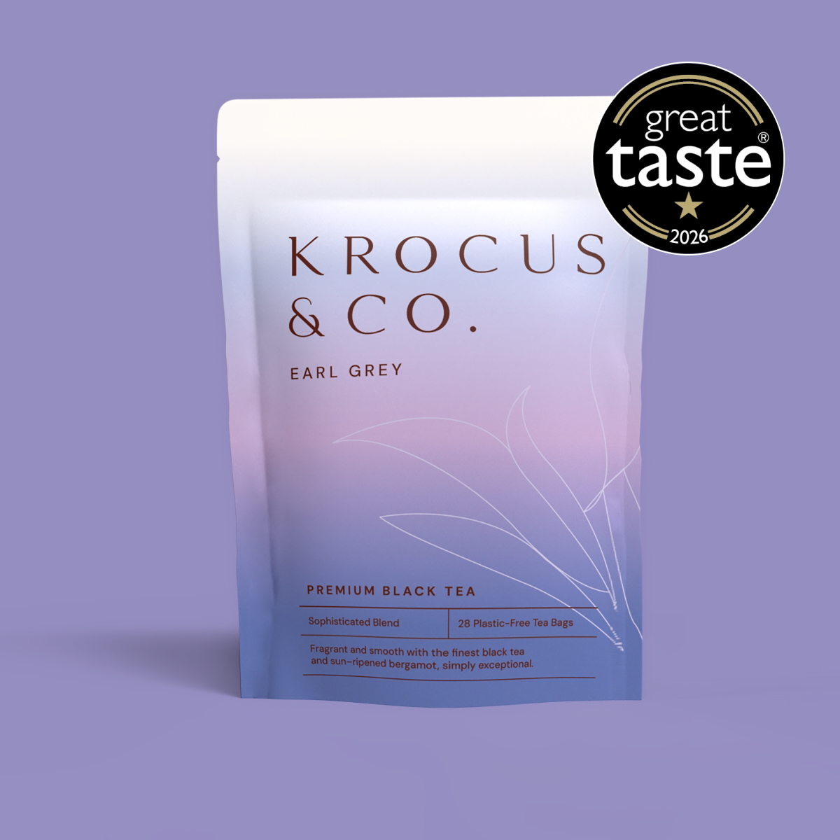 Krocus & Co. Sophisticated Earl Grey premium black tea pouch, 28 plastic-free tea bags, Great Taste 2026 one-star award.