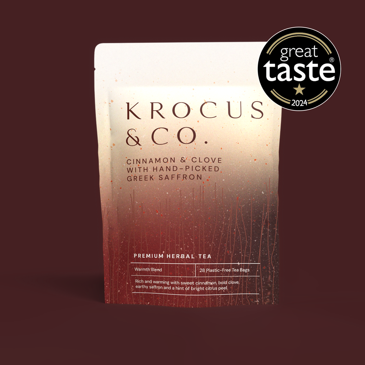 Krocus & Co. Warmth Cinnamon & Clove herbal infusion with hand-picked Greek saffron, 28 plastic-free tea bags, Great Taste 2024 one-star award.