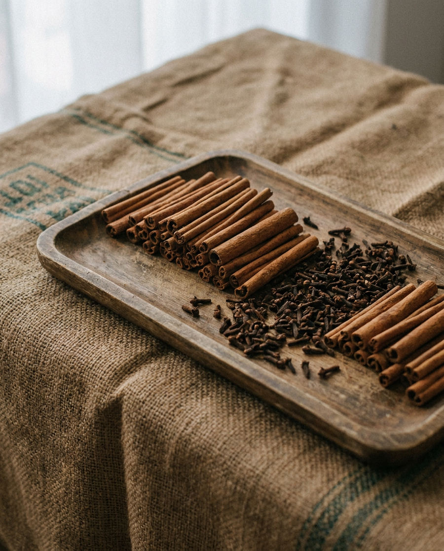 Cinnamon sticks and whole cloves on a wooden tray, ingredients in Krocus & Co. Cinnamon & Clove herbal tea