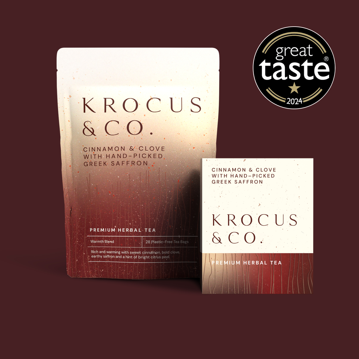 Krocus & Co. Cinnamon & Clove with Greek Saffron herbal tea pouch and box with Great Taste award
