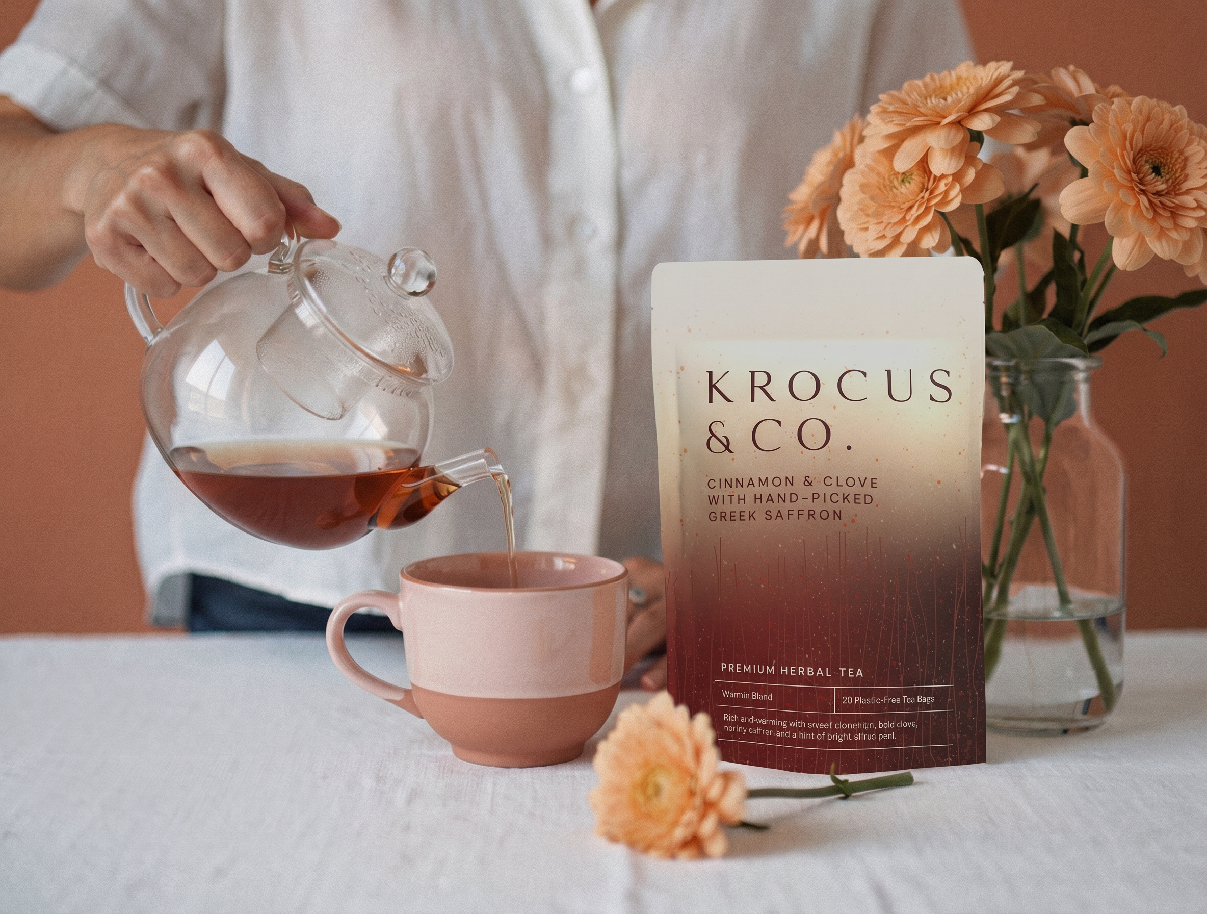 Pouring Krocus & Co. Cinnamon & Clove with Greek Saffron herbal tea into a pink mug