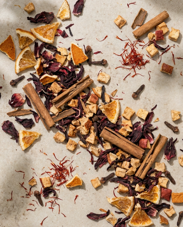 Cinnamon sticks, cloves, dried orange and saffron strands, ingredients in Krocus & Co. Cinnamon & Clove saffron tea