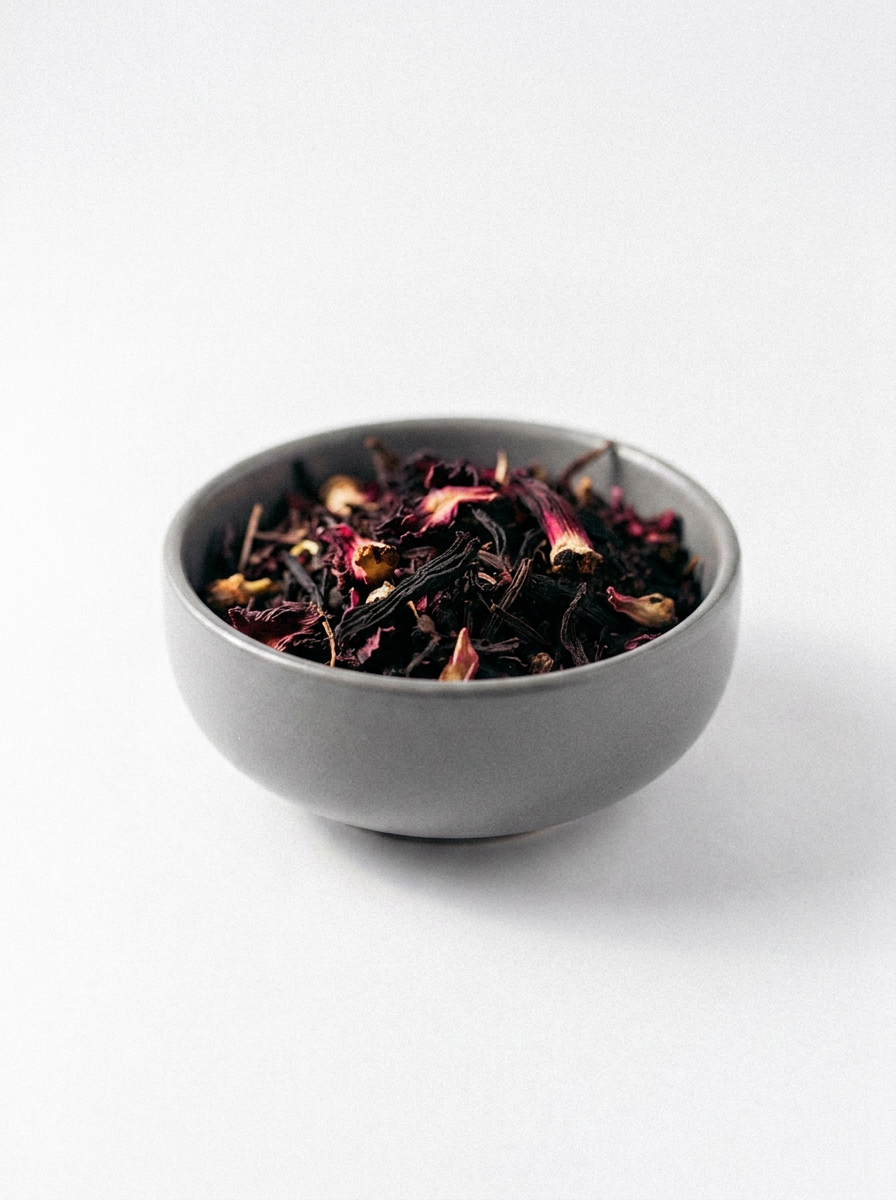 Grey bowl of dried hibiscus herbal tea blend, the loose blend for Krocus & Co. Cinnamon & Clove tea