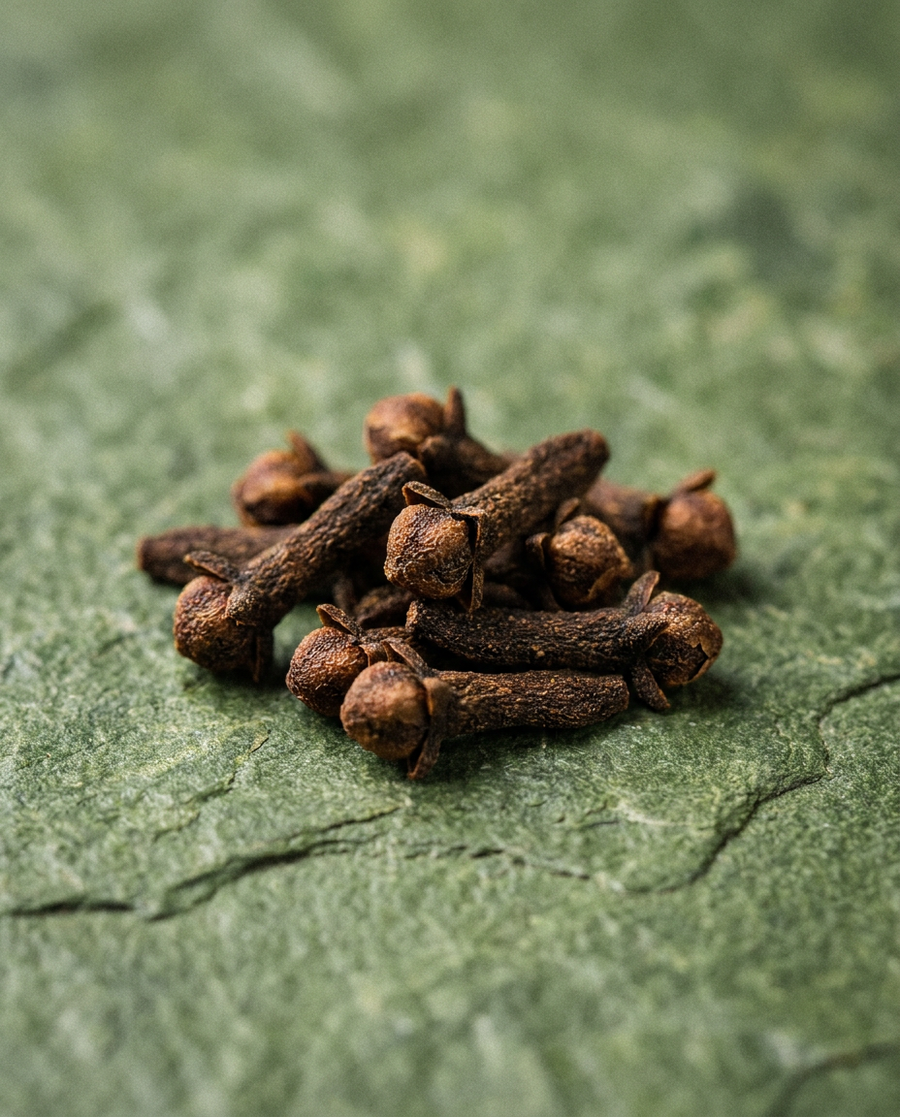 Close-up of a pile of whole cloves on a green surface, an ingredient in Krocus & Co. Cinnamon & Clove tea