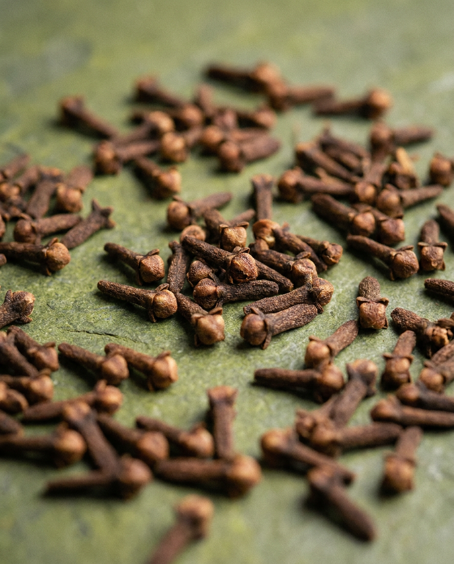 Whole cloves scattered on a green surface, an ingredient in Krocus & Co. Cinnamon & Clove herbal tea