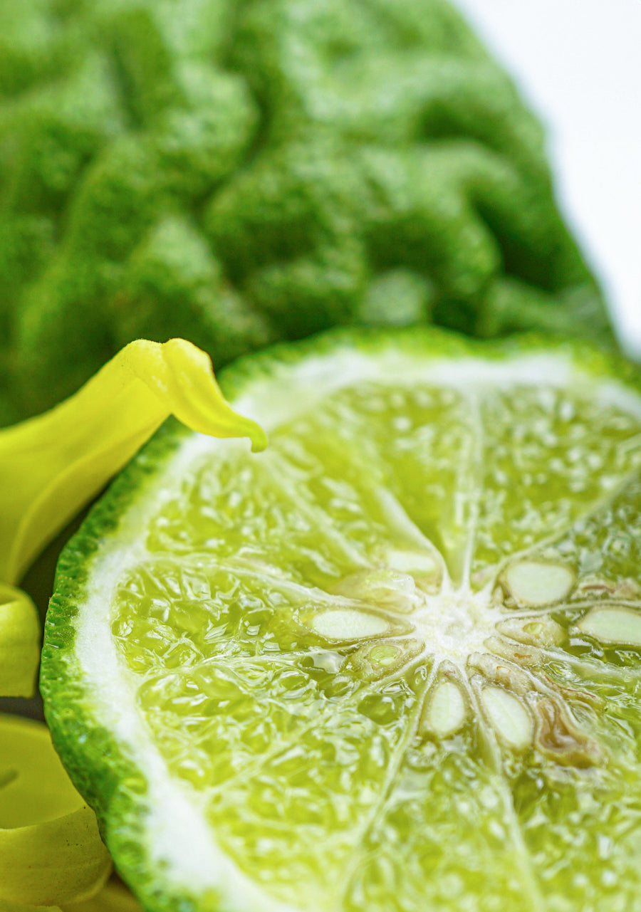 Sliced green bergamot fruit revealing its juicy interior, used in Krocus & Co. Earl Grey black tea