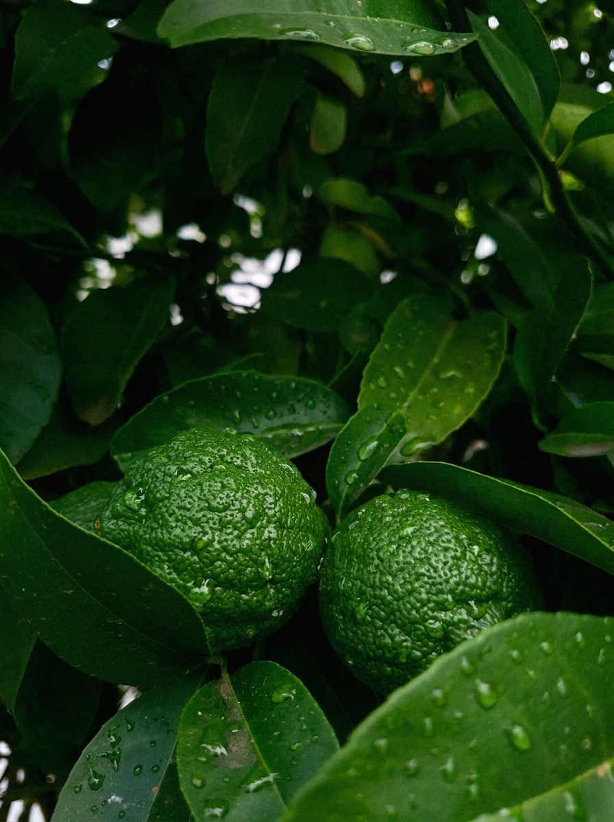 Fresh green citrus fruit with water droplets on the tree, used in Krocus & Co. herbal tea imagery