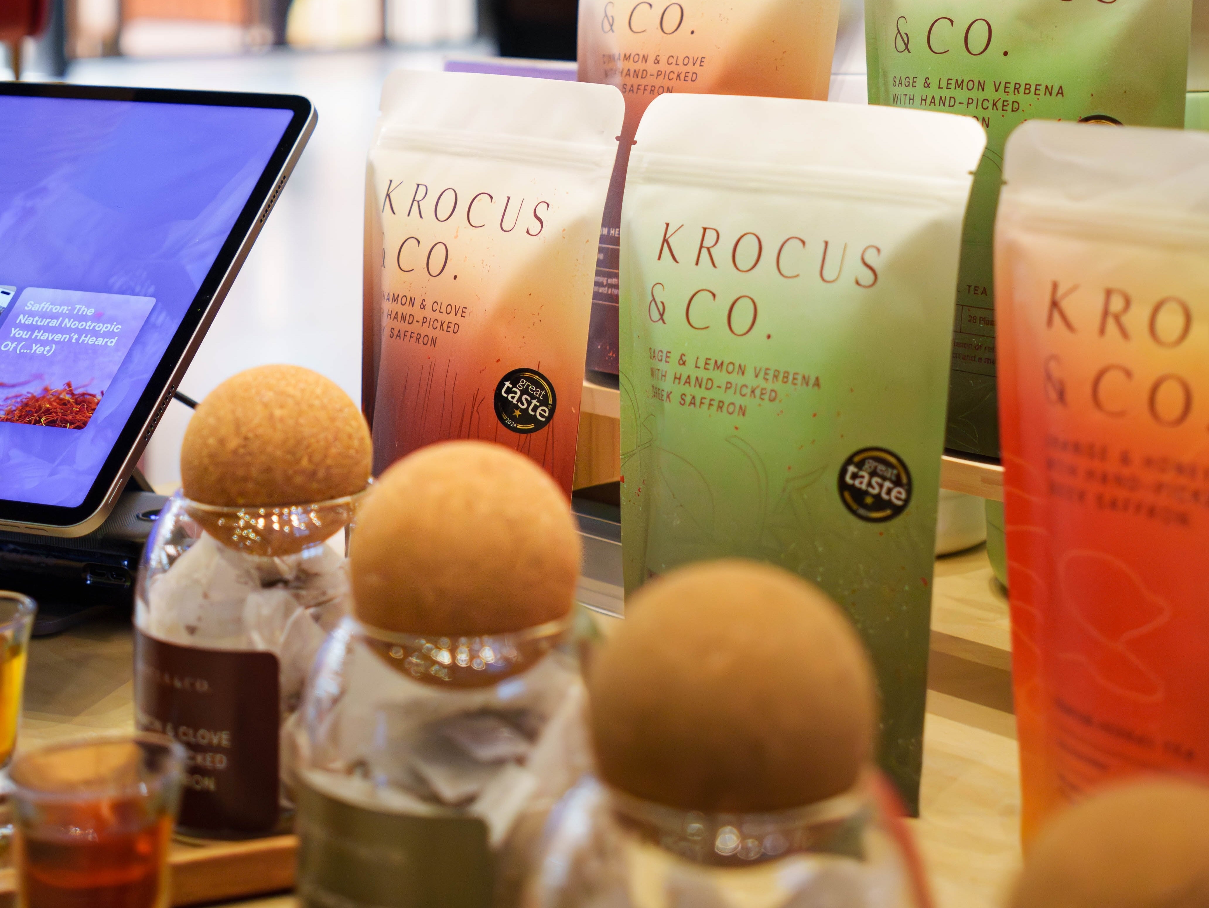 Krocus & Co. Greek saffron herbal tea pouches on display at Battersea Power Station