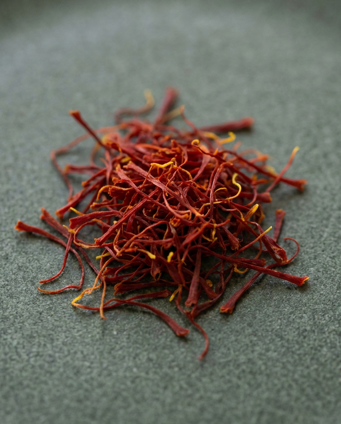 Pile of red Greek saffron threads on a green textured surface, used in Krocus & Co. tea blends