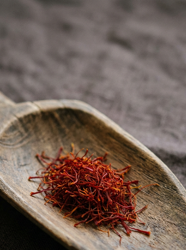 Heap of Greek saffron threads on a wooden scoop, an ingredient in Krocus & Co. tea blends