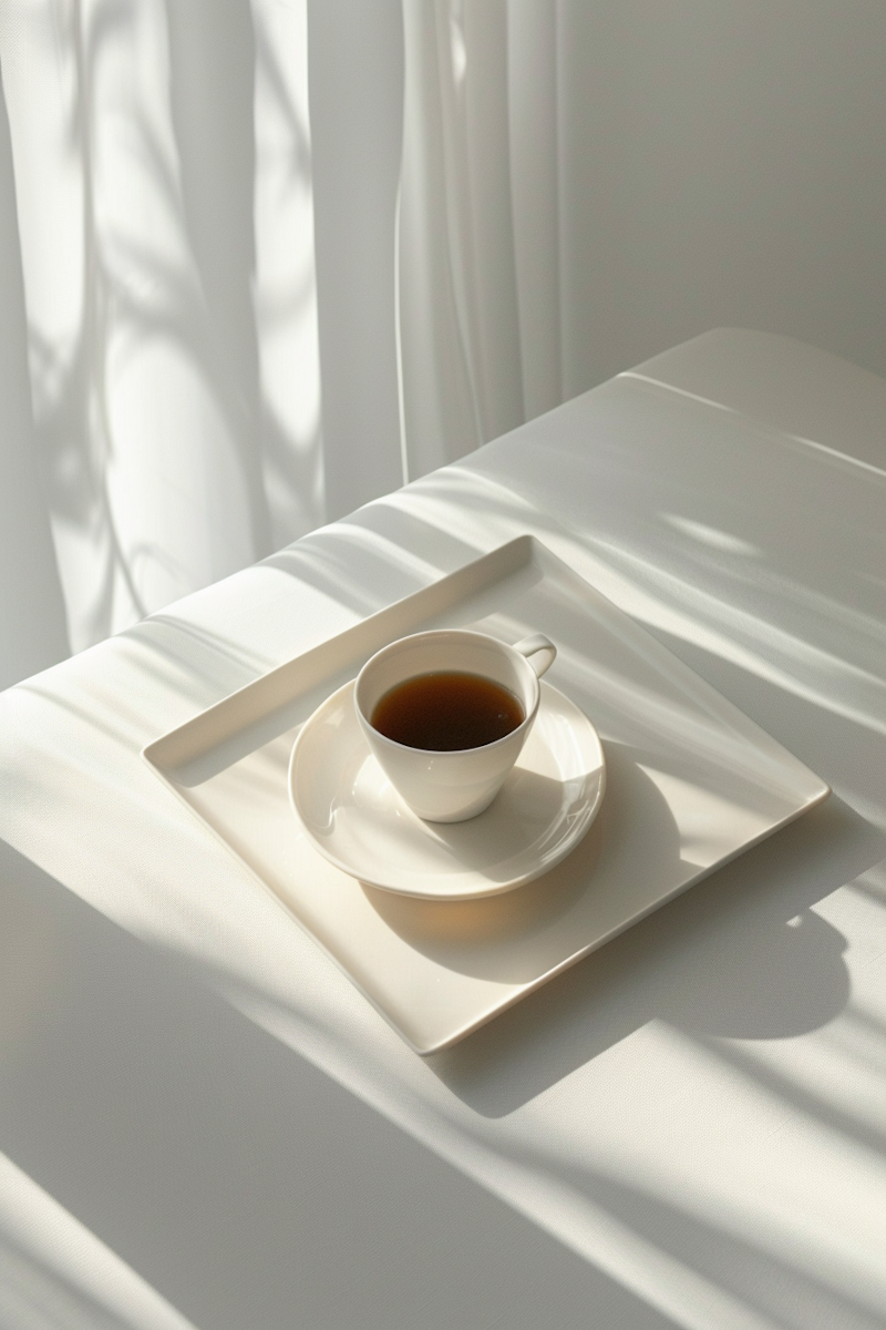 White cup of tea on a tray in soft morning light, lifestyle image for Krocus & Co. herbal tea