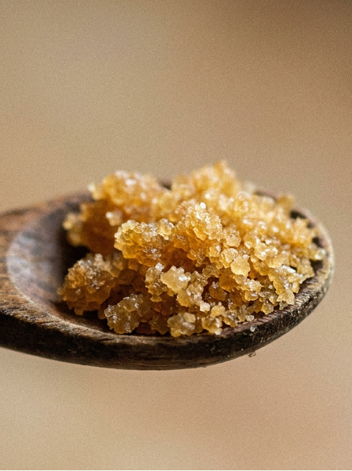 Crystallised honey on a wooden spoon, an ingredient in Krocus & Co. Orange & Honey herbal tea