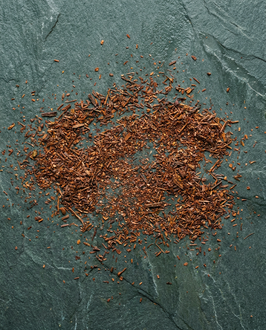Dried herbs scattered on a green stone surface, ingredients for Krocus & Co. Sage & Lemon Verbena tea