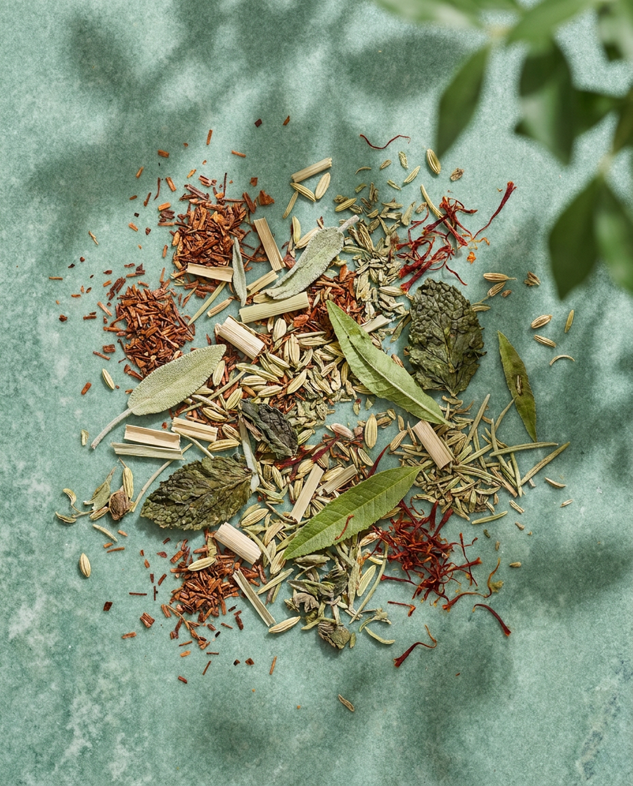 Cluster of dried sage, verbena and saffron strands on green stone, ingredients in Krocus & Co. Sage & Lemon Verbena tea