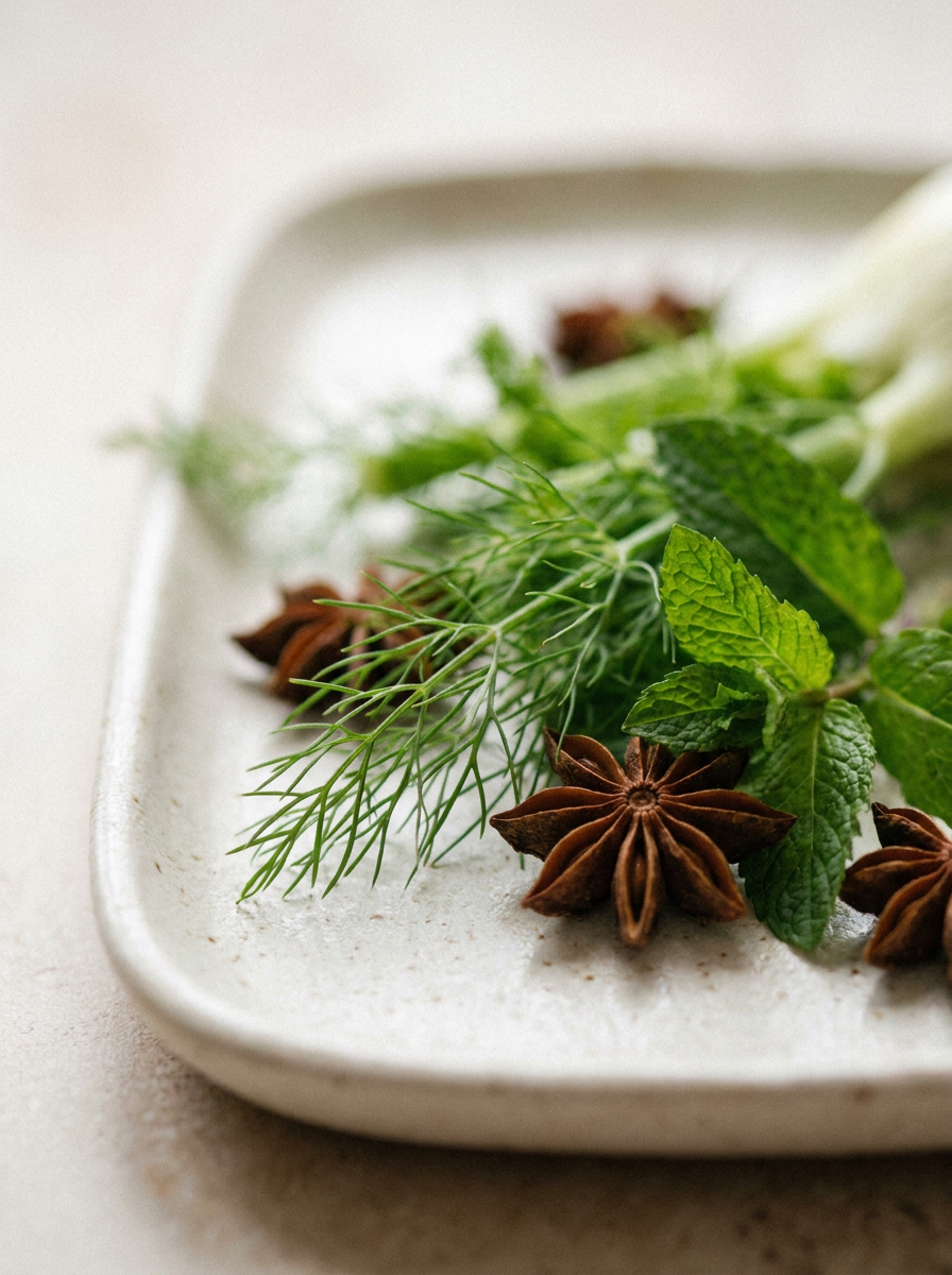 Fresh herbs and star anise on a white plate, ingredients for Krocus & Co. Sage & Lemon Verbena tea