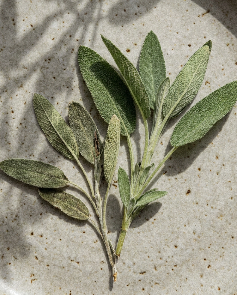 Fresh sage sprig on a stone surface, an ingredient in Krocus & Co. Sage & Lemon Verbena herbal tea