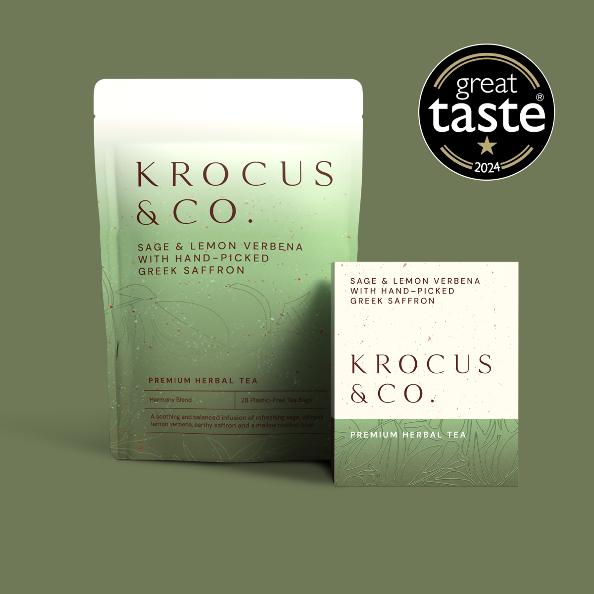 Krocus & Co. Sage & Lemon Verbena with Greek Saffron herbal tea pouch and box with Great Taste award