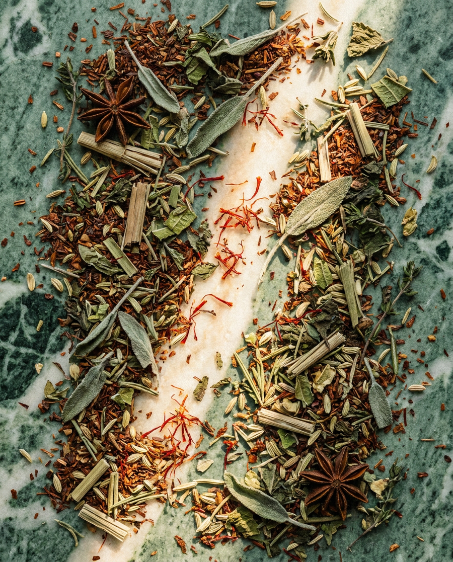 Dried sage, lemongrass, star anise and saffron on marble, ingredients in Krocus & Co. Sage & Lemon Verbena tea